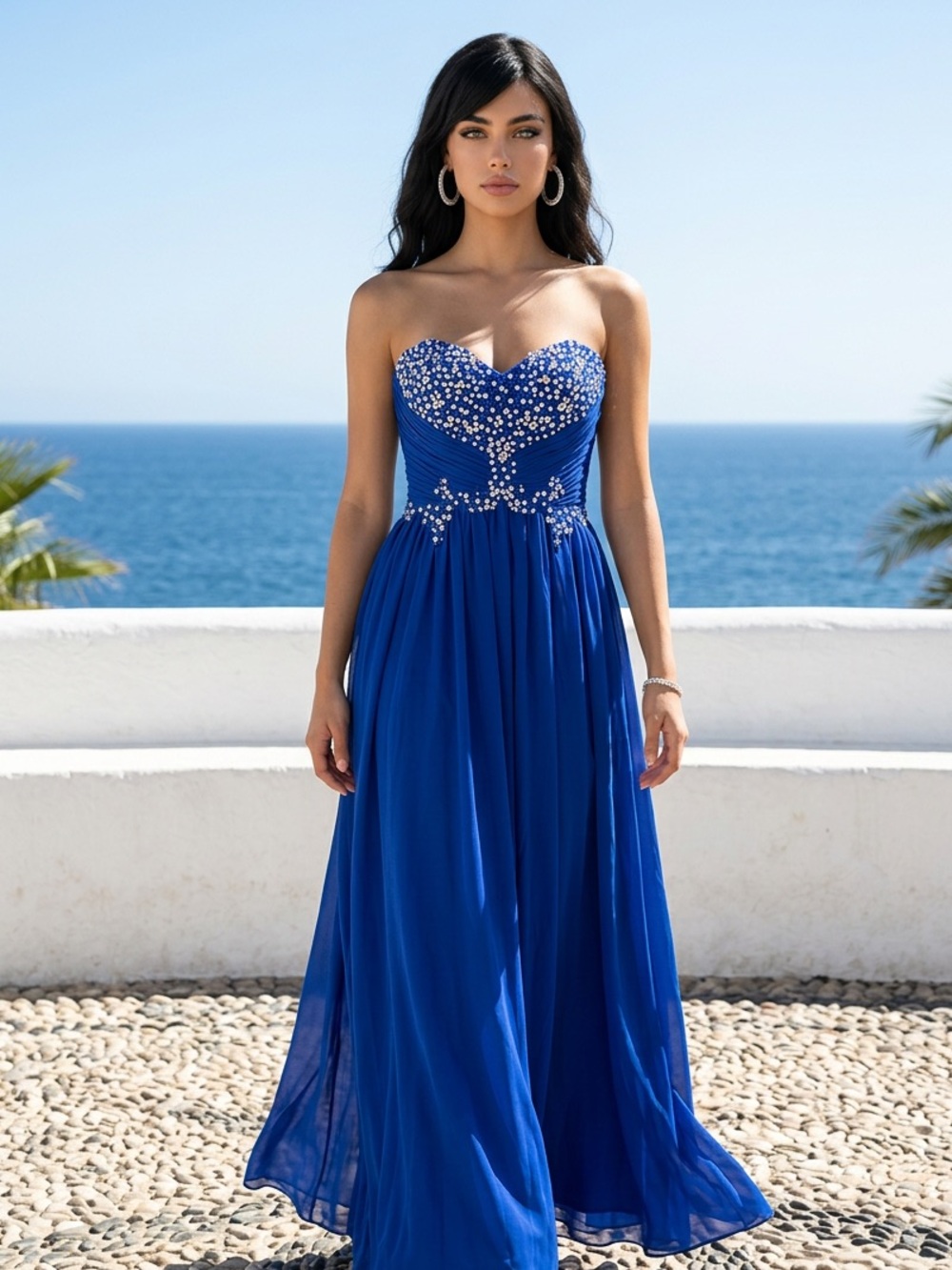 Strapless Royal Blue Evening Gown with Embellished Bodice
